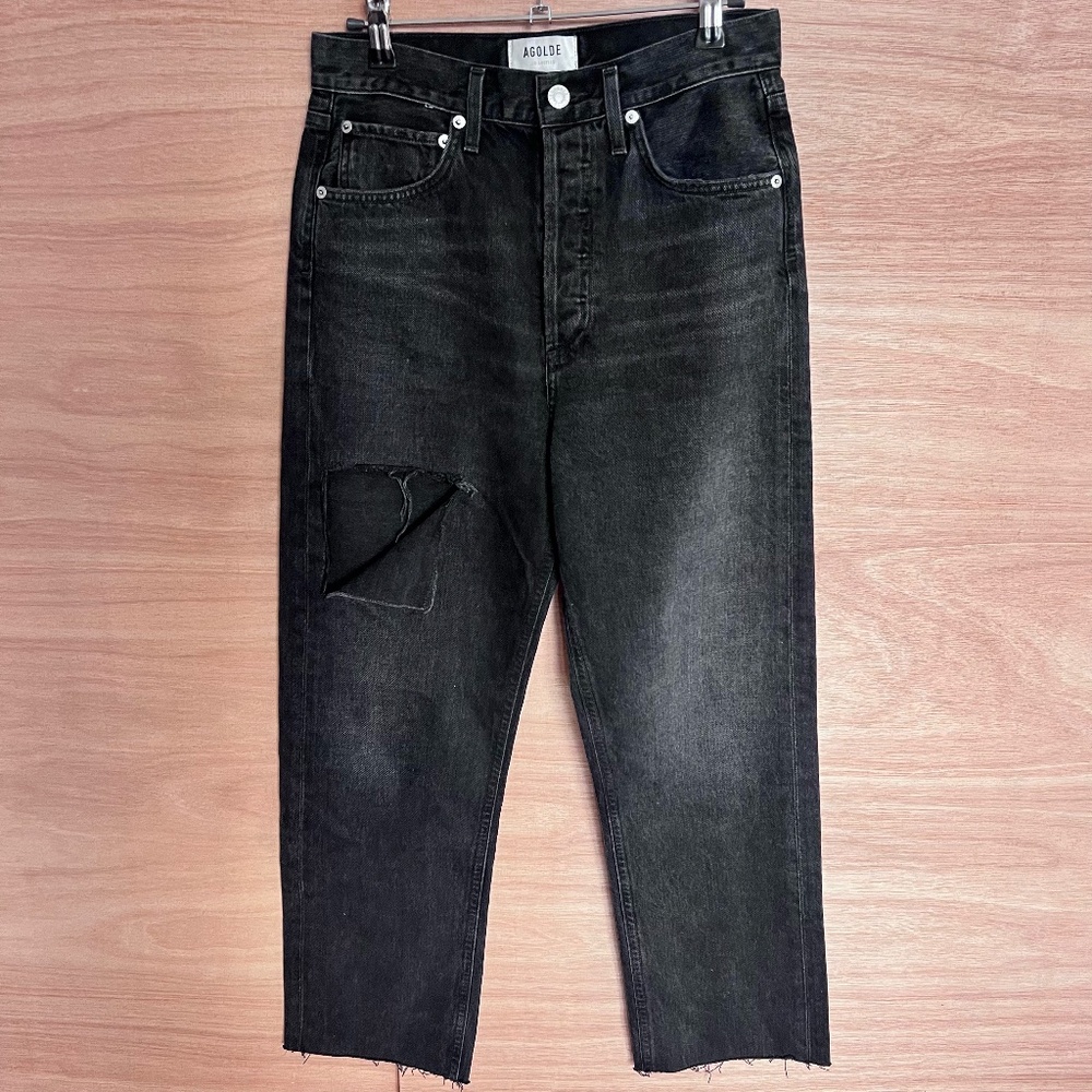 AGOLDE women's button fly jeans 24 bootcut raw hem distressed denim black cotton